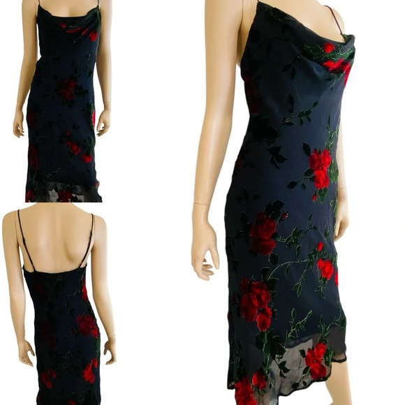 Vintage 90’s Betsey Johnson NY Dress Black Red Rose Mesh Velvet Burnout Sz L - Picture 10 of 13